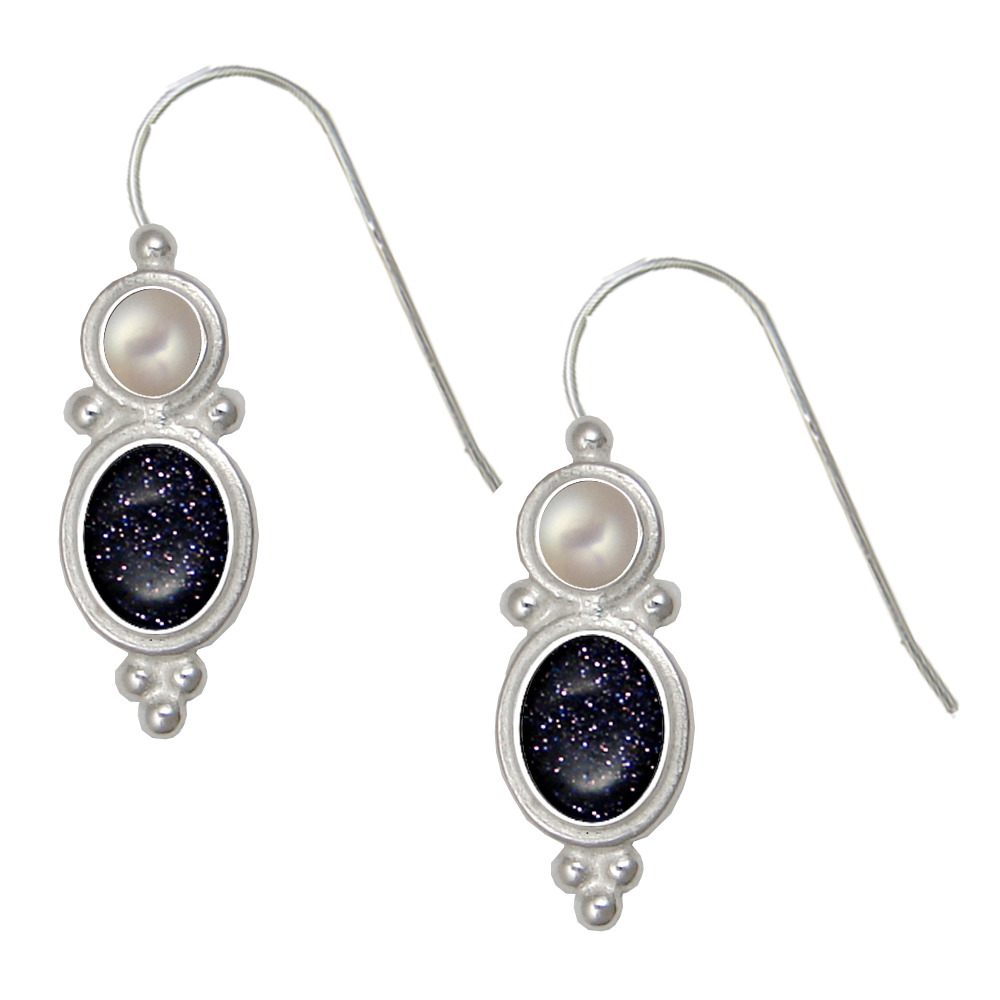 Sterling Silver Drop Dangle Earrings With Blue Goldstone And Cultured Freshwater Pearl